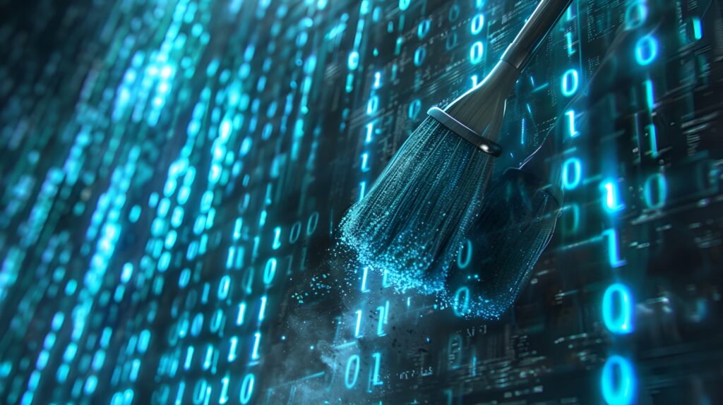 closeup digital art broom sweeping dust from screen with vibrant blue binary code background