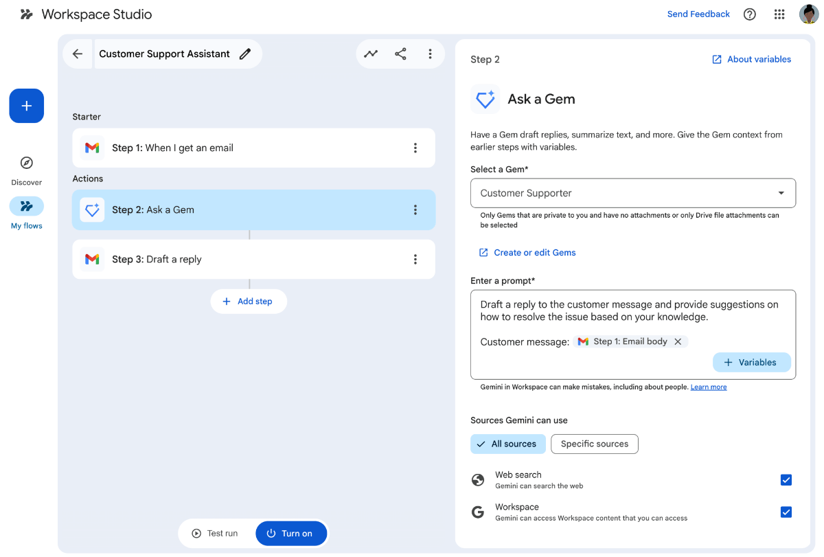 Generování souborů z Gemini, chytřejší Tabulky a další novinky v Google Workspace 3 Use your Gems in your Google Workspace Studio flows